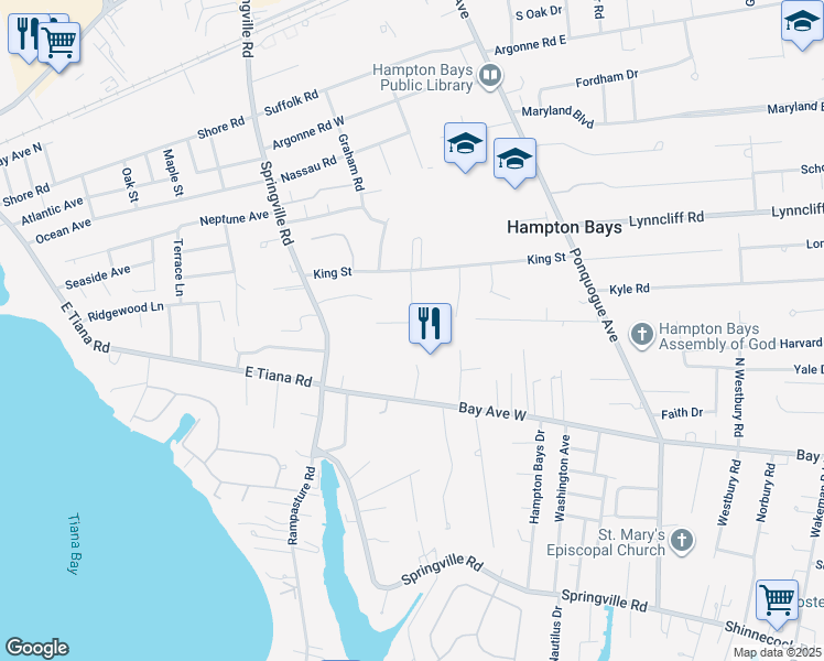 map of restaurants, bars, coffee shops, grocery stores, and more near 10 Gerald Lane in Hampton Bays