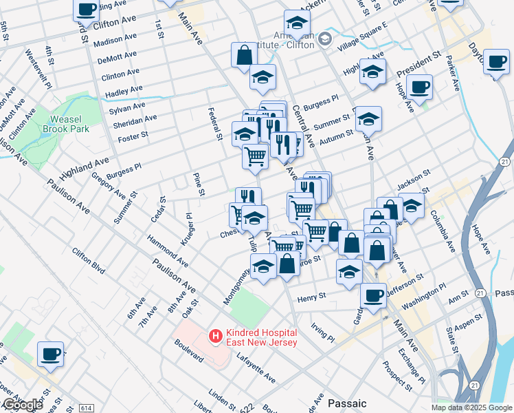 map of restaurants, bars, coffee shops, grocery stores, and more near 135 Myrtle Avenue in Passaic