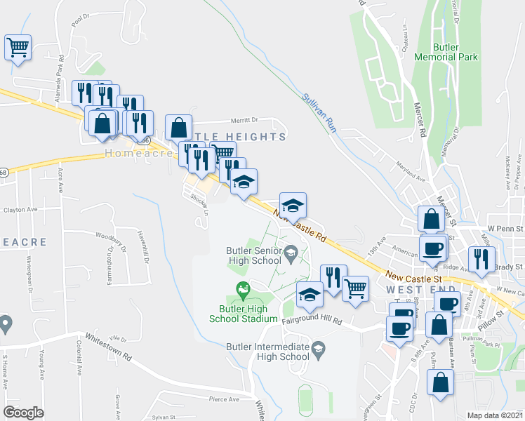 map of restaurants, bars, coffee shops, grocery stores, and more near 120 Campus Lane in Butler