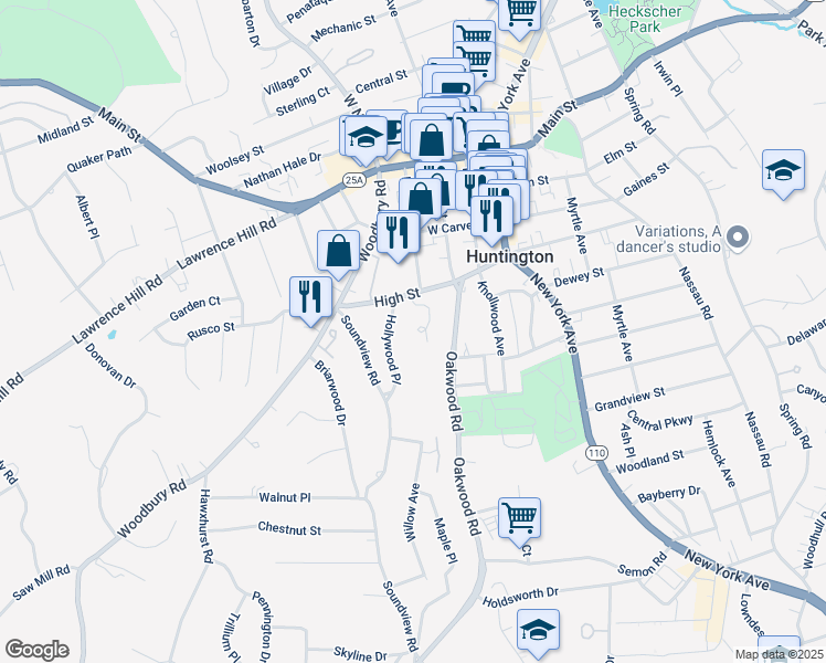 map of restaurants, bars, coffee shops, grocery stores, and more near 27 High Oaks Court in Huntington