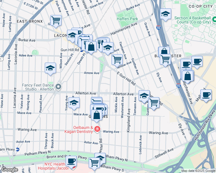 map of restaurants, bars, coffee shops, grocery stores, and more near 1528 Bantam Pl in Bronx
