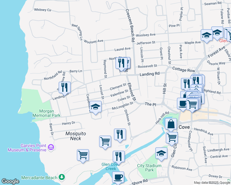 map of restaurants, bars, coffee shops, grocery stores, and more near 22 Valentine Street in Glen Cove