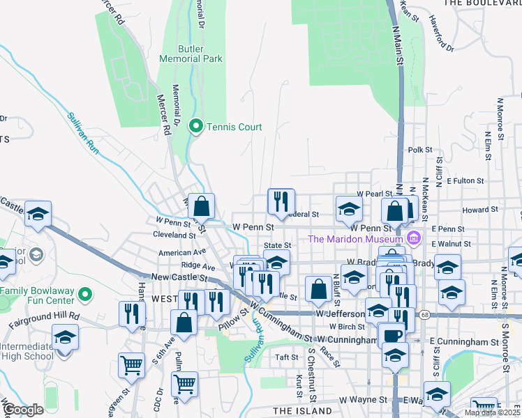 map of restaurants, bars, coffee shops, grocery stores, and more near 530 Federal St in Butler