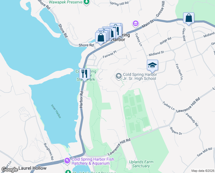 map of restaurants, bars, coffee shops, grocery stores, and more near 1 Pine Drive in Cold Spring Harbor