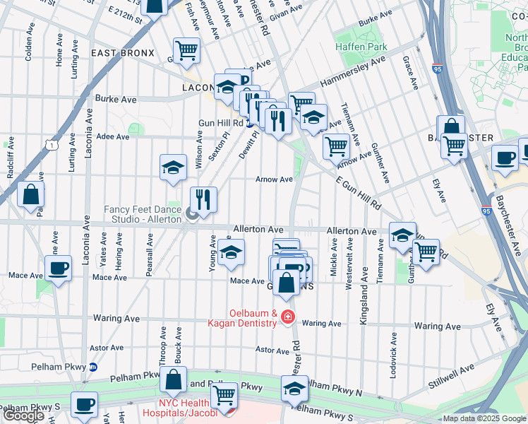 map of restaurants, bars, coffee shops, grocery stores, and more near 2720 Morgan Avenue in Bronx