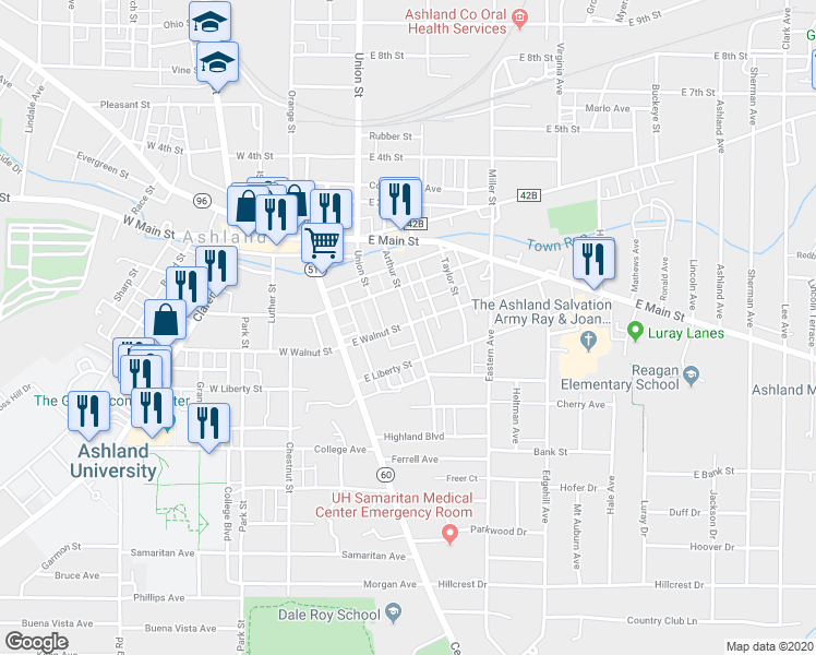 map of restaurants, bars, coffee shops, grocery stores, and more near 145 East Walnut Street in Ashland