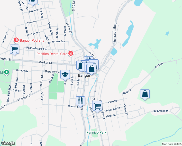 map of restaurants, bars, coffee shops, grocery stores, and more near 31 Broadway in Bangor