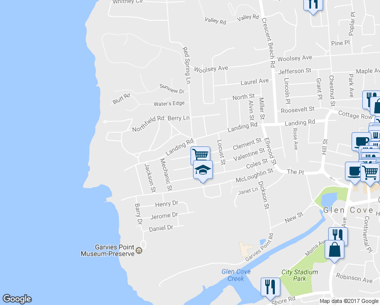 map of restaurants, bars, coffee shops, grocery stores, and more near 68 Clement Street in Glen Cove