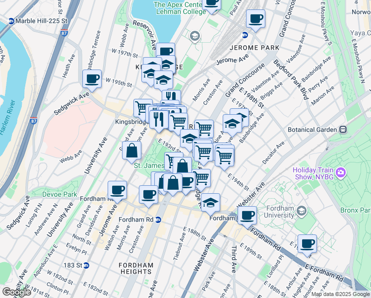 map of restaurants, bars, coffee shops, grocery stores, and more near 2641 Grand Concourse in Bronx