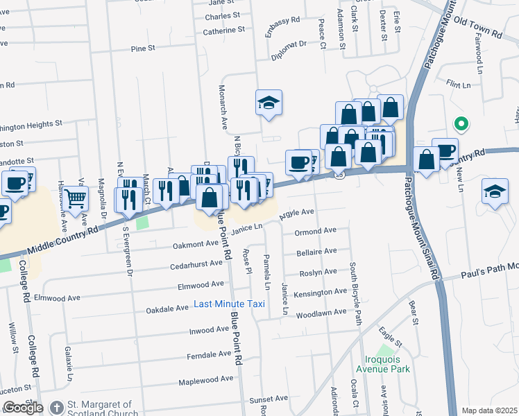 map of restaurants, bars, coffee shops, grocery stores, and more near 636 Middle Country Road in Selden