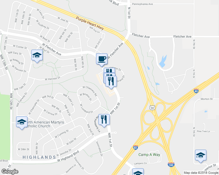 map of restaurants, bars, coffee shops, grocery stores, and more near 5533 Northwest 1st Street in Lincoln