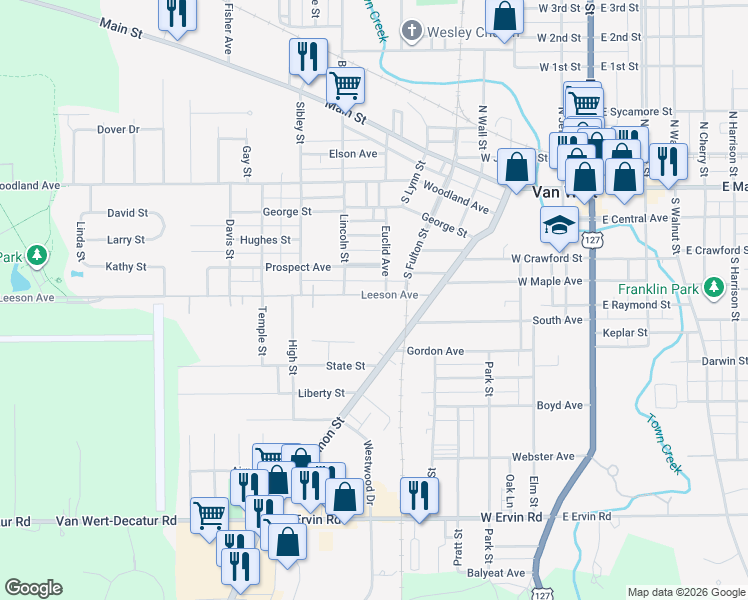 map of restaurants, bars, coffee shops, grocery stores, and more near 712 Leeson Avenue in Van Wert