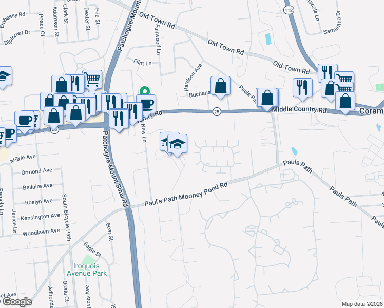 map of restaurants, bars, coffee shops, grocery stores, and more near 124 Theodore Drive in Coram