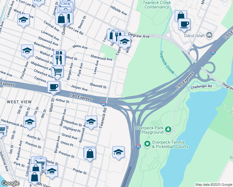 map of restaurants, bars, coffee shops, grocery stores, and more near 86 East Maple Street in Teaneck