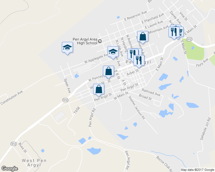 map of restaurants, bars, coffee shops, grocery stores, and more near 511 George Street in Pen Argyl
