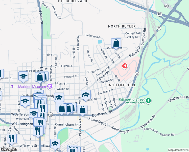 map of restaurants, bars, coffee shops, grocery stores, and more near 712 East Brady Street in Butler