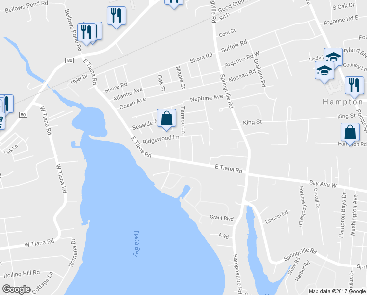 map of restaurants, bars, coffee shops, grocery stores, and more near 8 Pineview Lane in Hampton Bays