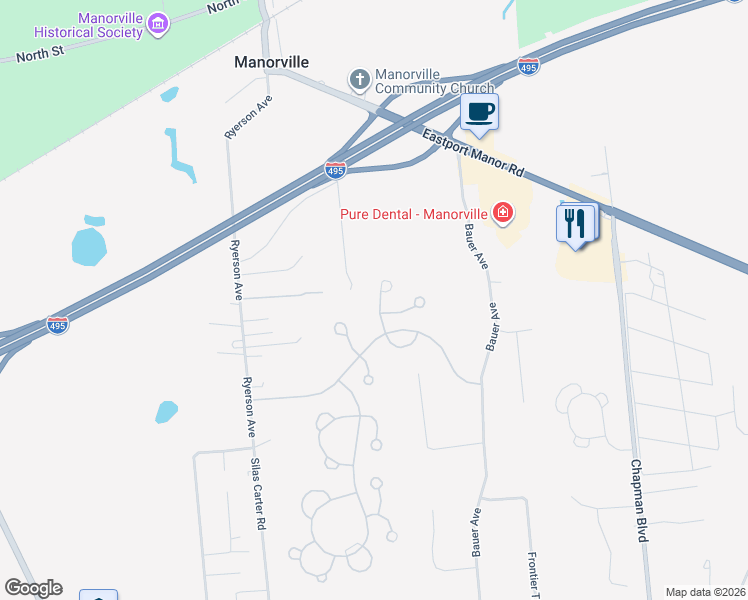 map of restaurants, bars, coffee shops, grocery stores, and more near 37 Quail Court in Manorville