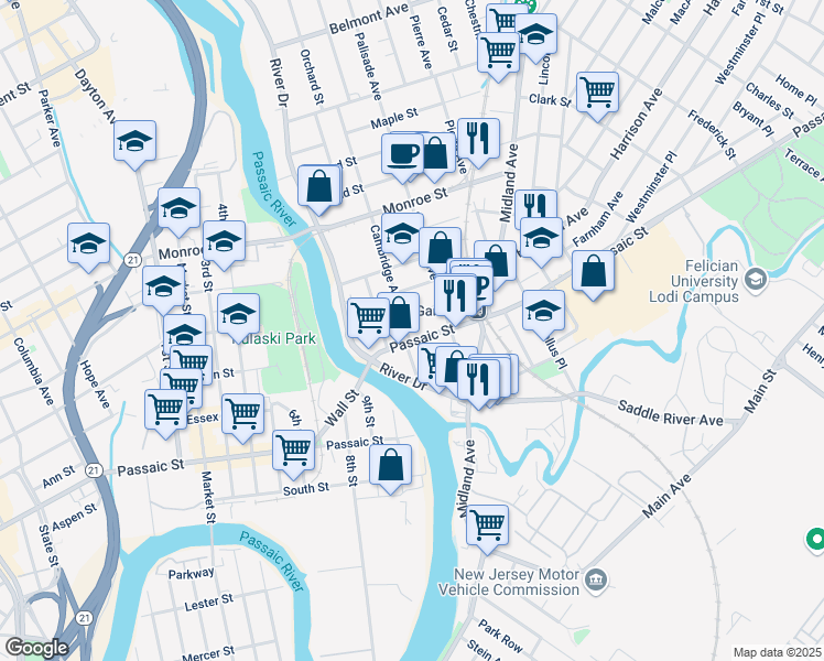 map of restaurants, bars, coffee shops, grocery stores, and more near 51 Passaic Street in Garfield