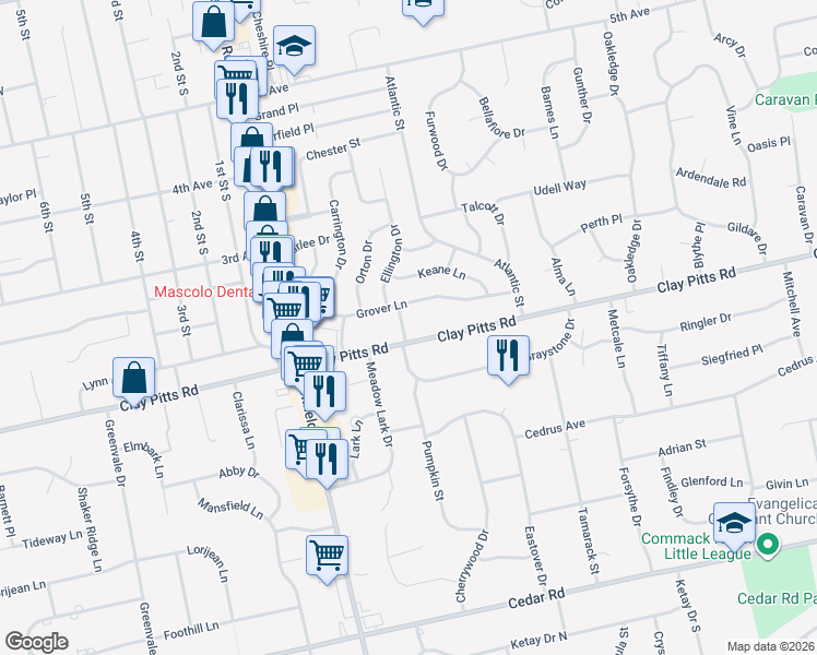 map of restaurants, bars, coffee shops, grocery stores, and more near 75 Roebling Place in East Northport