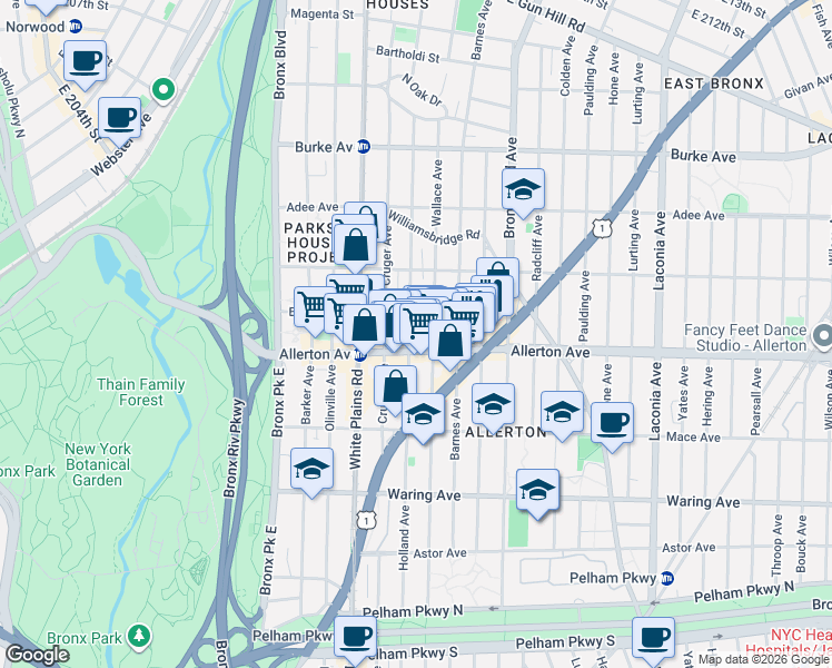 map of restaurants, bars, coffee shops, grocery stores, and more near in The Bronx