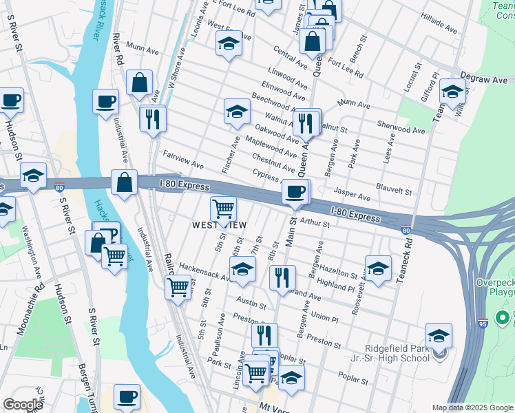 map of restaurants, bars, coffee shops, grocery stores, and more near 155 6th Street in Ridgefield Park