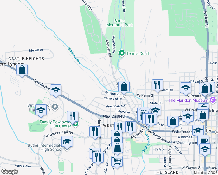 map of restaurants, bars, coffee shops, grocery stores, and more near 342 North 6th Avenue in Butler
