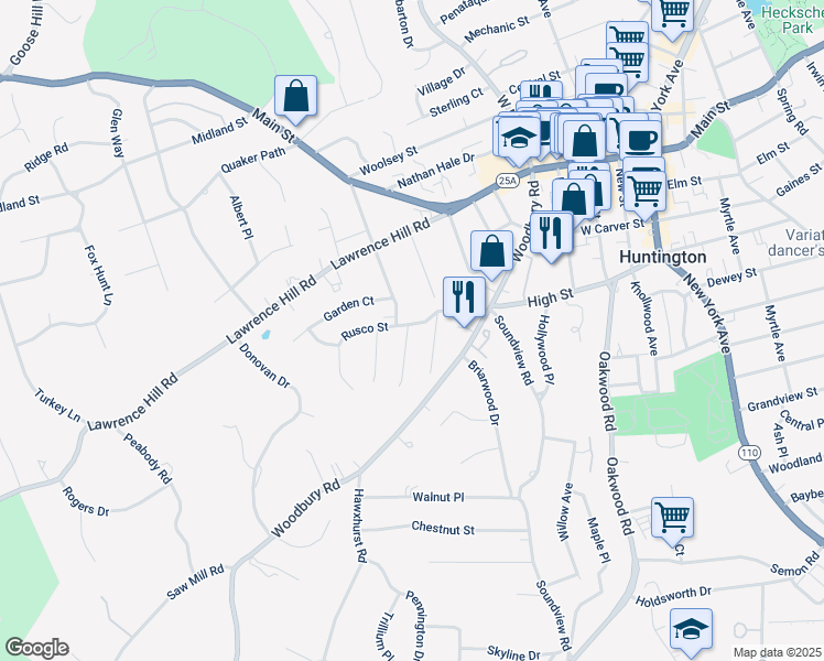 map of restaurants, bars, coffee shops, grocery stores, and more near 109 Carley Avenue in Huntington