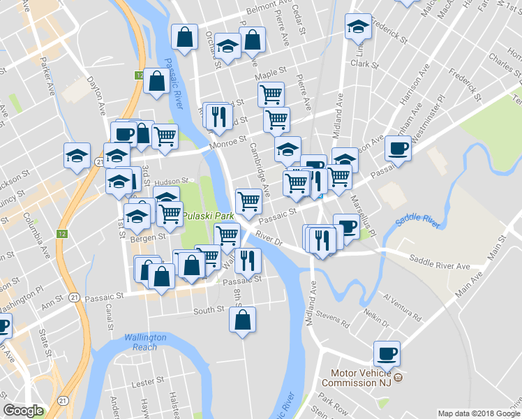 map of restaurants, bars, coffee shops, grocery stores, and more near 16 Bloomingdale Avenue in Garfield