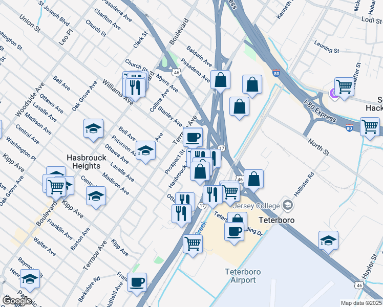 map of restaurants, bars, coffee shops, grocery stores, and more near 442 Hasbrouck Avenue in Hasbrouck Heights