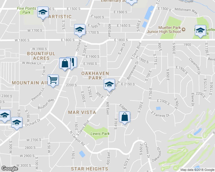 map of restaurants, bars, coffee shops, grocery stores, and more near 2200 South in Bountiful