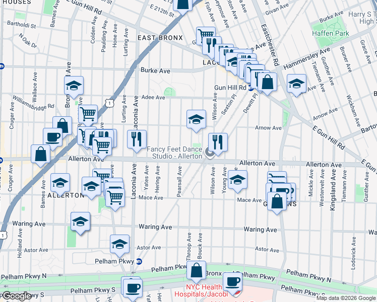 map of restaurants, bars, coffee shops, grocery stores, and more near in The Bronx