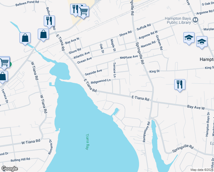 map of restaurants, bars, coffee shops, grocery stores, and more near 5 Pine Ct in Hampton Bays