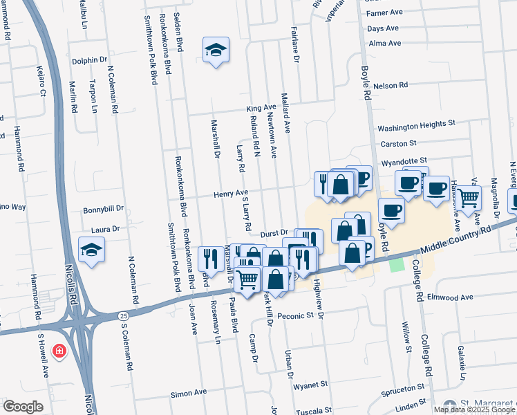 map of restaurants, bars, coffee shops, grocery stores, and more near 50 South Ruland Road in Selden
