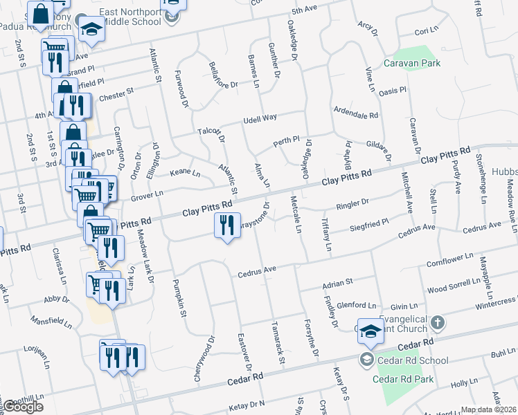 map of restaurants, bars, coffee shops, grocery stores, and more near 38 Graystone Drive in East Northport