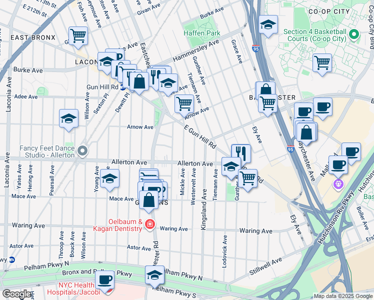 map of restaurants, bars, coffee shops, grocery stores, and more near 2726 Mickle Avenue in The Bronx