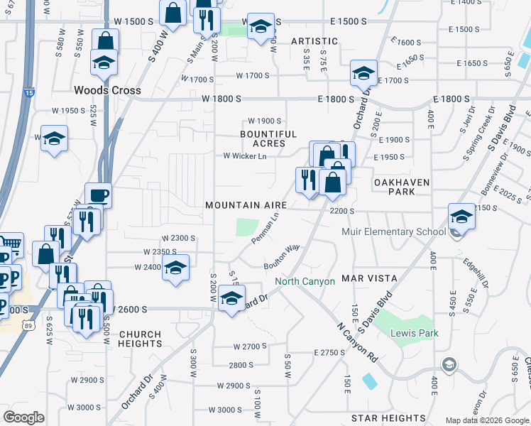 map of restaurants, bars, coffee shops, grocery stores, and more near 2218 Penman Lane in Bountiful