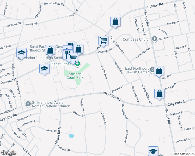 map of restaurants, bars, coffee shops, grocery stores, and more near 15 Beatty Avenue in Greenlawn