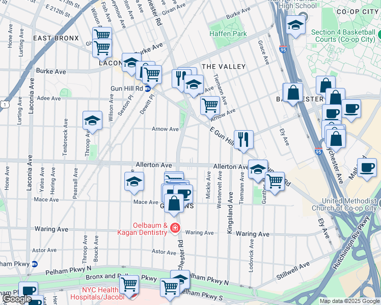 map of restaurants, bars, coffee shops, grocery stores, and more near 1528 Bantam Place in Bronx