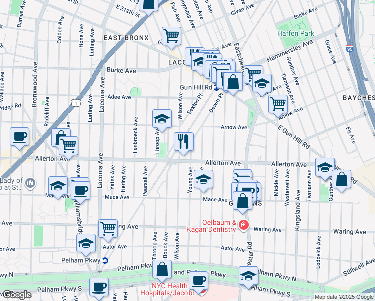 map of restaurants, bars, coffee shops, grocery stores, and more near 2716 Young Avenue in Bronx