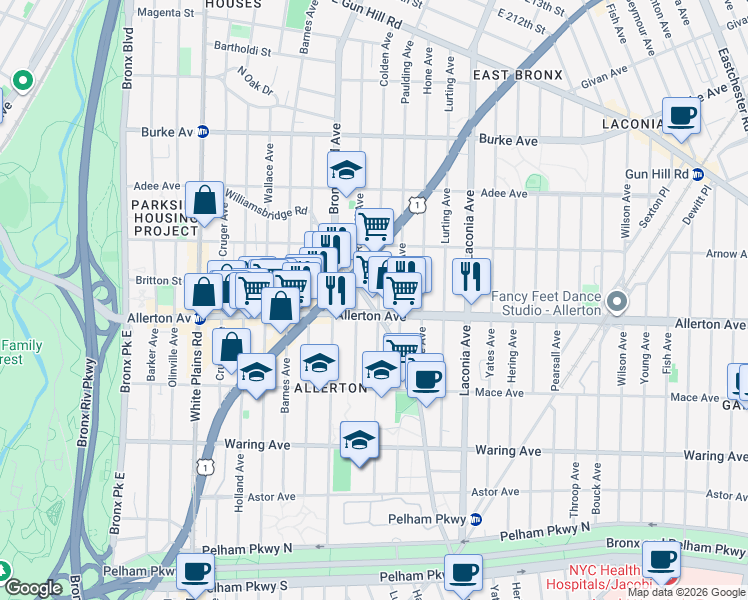 map of restaurants, bars, coffee shops, grocery stores, and more near 2706 Williamsbridge Road in The Bronx