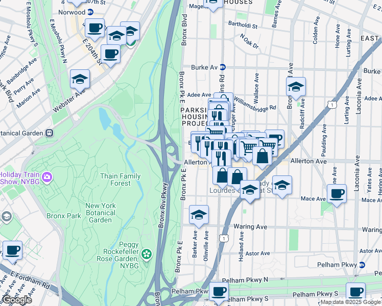 map of restaurants, bars, coffee shops, grocery stores, and more near 2734 Bronx Park East in Bronx