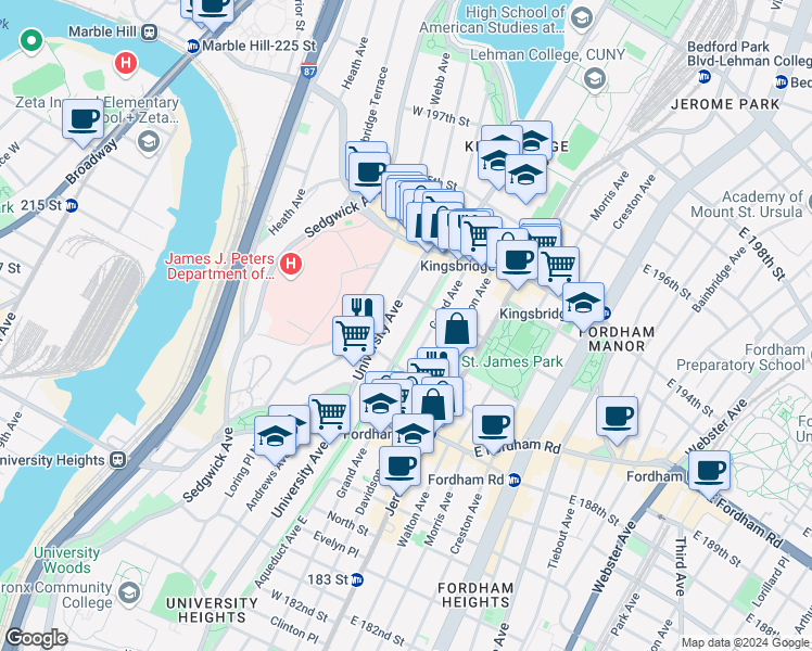 map of restaurants, bars, coffee shops, grocery stores, and more near 2541 Aqueduct Avenue in Bronx