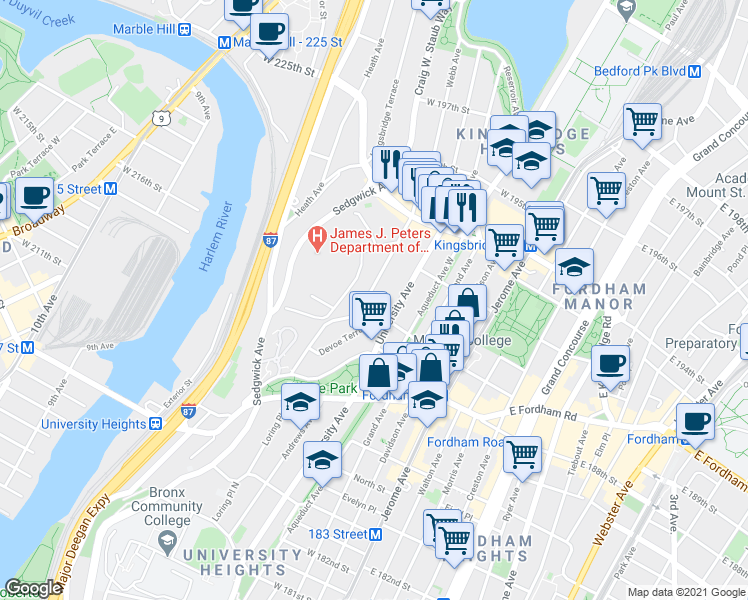map of restaurants, bars, coffee shops, grocery stores, and more near 2515 University Avenue in Bronx