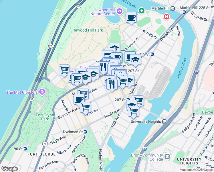 map of restaurants, bars, coffee shops, grocery stores, and more near 115 Vermilyea Avenue in New York