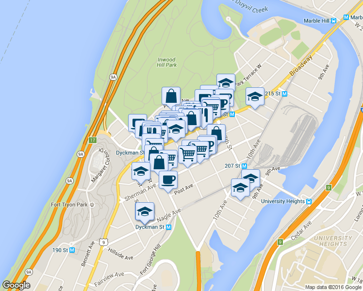 map of restaurants, bars, coffee shops, grocery stores, and more near 647 Academy Street in New York