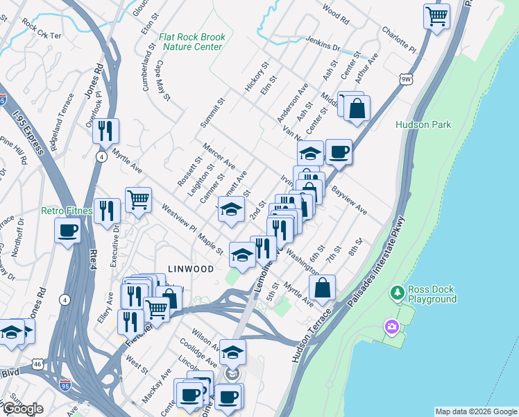 map of restaurants, bars, coffee shops, grocery stores, and more near 2453 2nd Street in Fort Lee