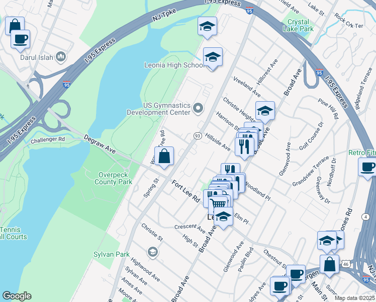 map of restaurants, bars, coffee shops, grocery stores, and more near 411 New Jersey 93 in Leonia