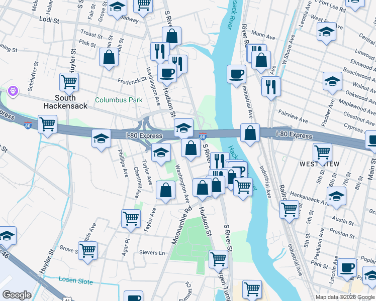 map of restaurants, bars, coffee shops, grocery stores, and more near 406 Hudson Street in Hackensack