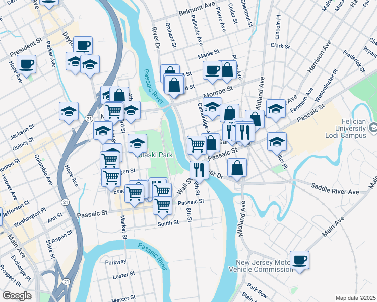 map of restaurants, bars, coffee shops, grocery stores, and more near 230 River Drive in Garfield